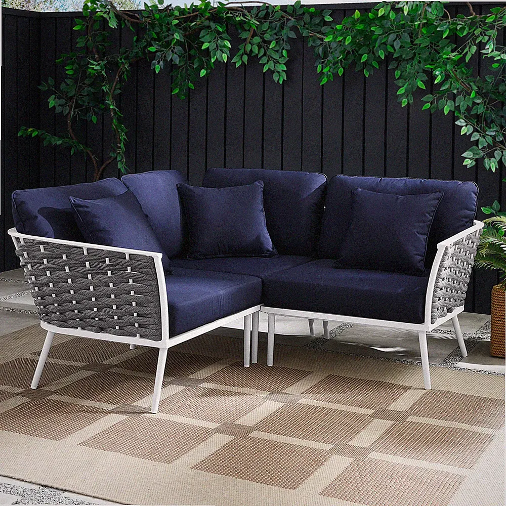 Modway Stance Outdoor Patio Aluminum Small Sectional Sofa in White Navy
