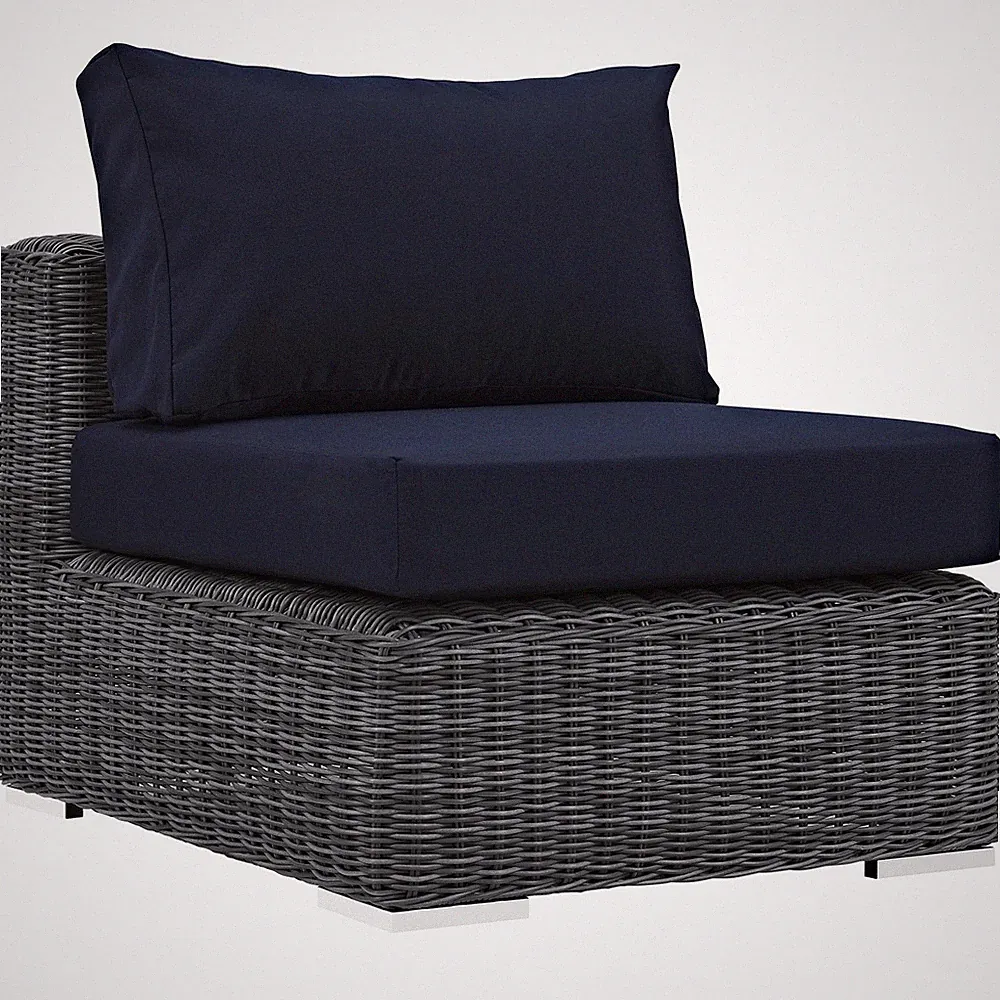 Modway Summon Aluminum and Rattan Patio Armless Sofa Chair in Canvas/Navy