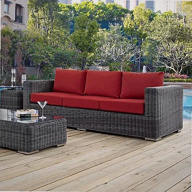 Modway Summon Modern Aluminum and Rattan Patio Sofa in Canvas/Red
