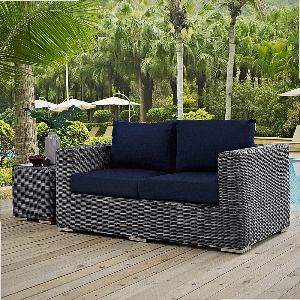 Modway Summon Wicker Rattan Outdoor Patio Sunbrella® Loveseat in Canvas Navy