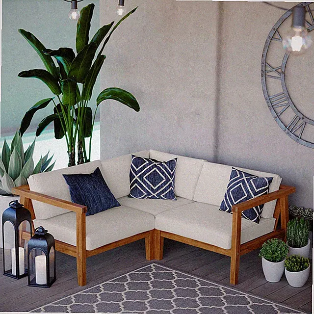 Modway Teak Wood 3-Piece Sectional Sofa Set