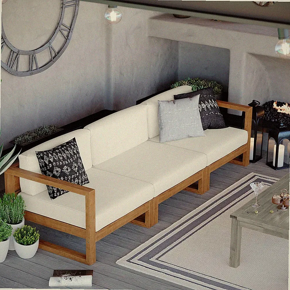 Modway Teak Wood 3-Piece Sectional Sofa Set