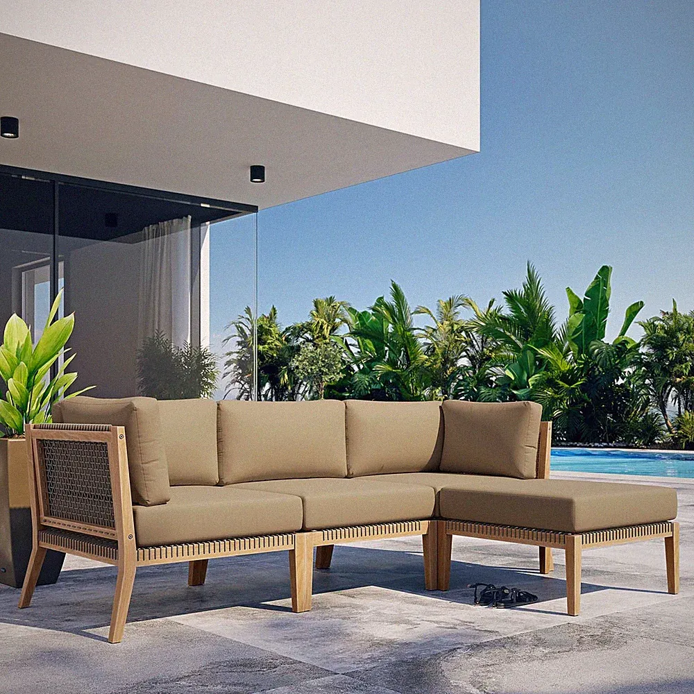 Modway Teak Wood 4-Piece Sectional Sofa
