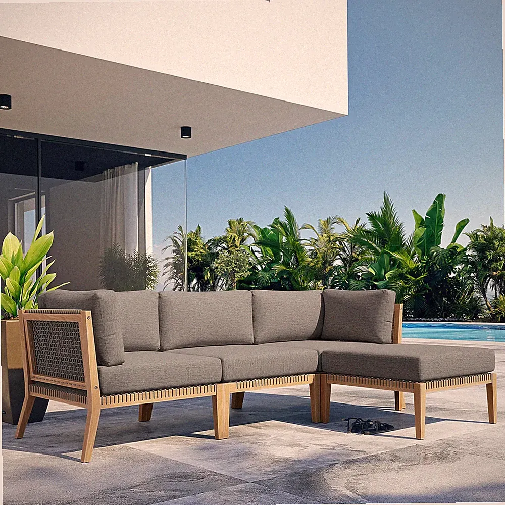 Modway Teak Wood 4-Piece Sectional Sofa