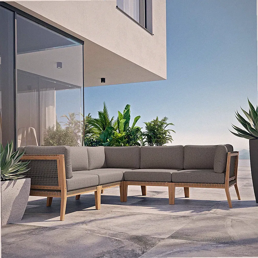 Modway Teak Wood 5-Piece Sectional Sofa