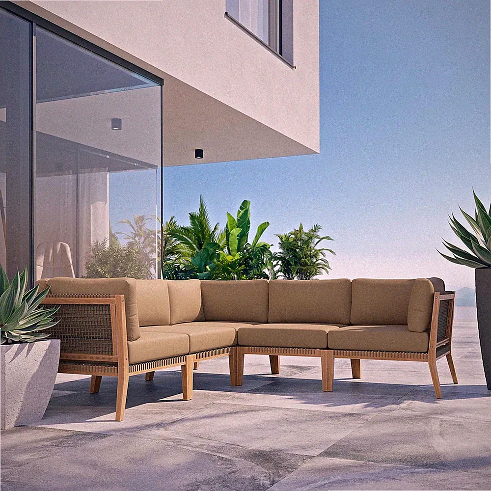 Modway Teak Wood 5-Piece Sectional Sofa