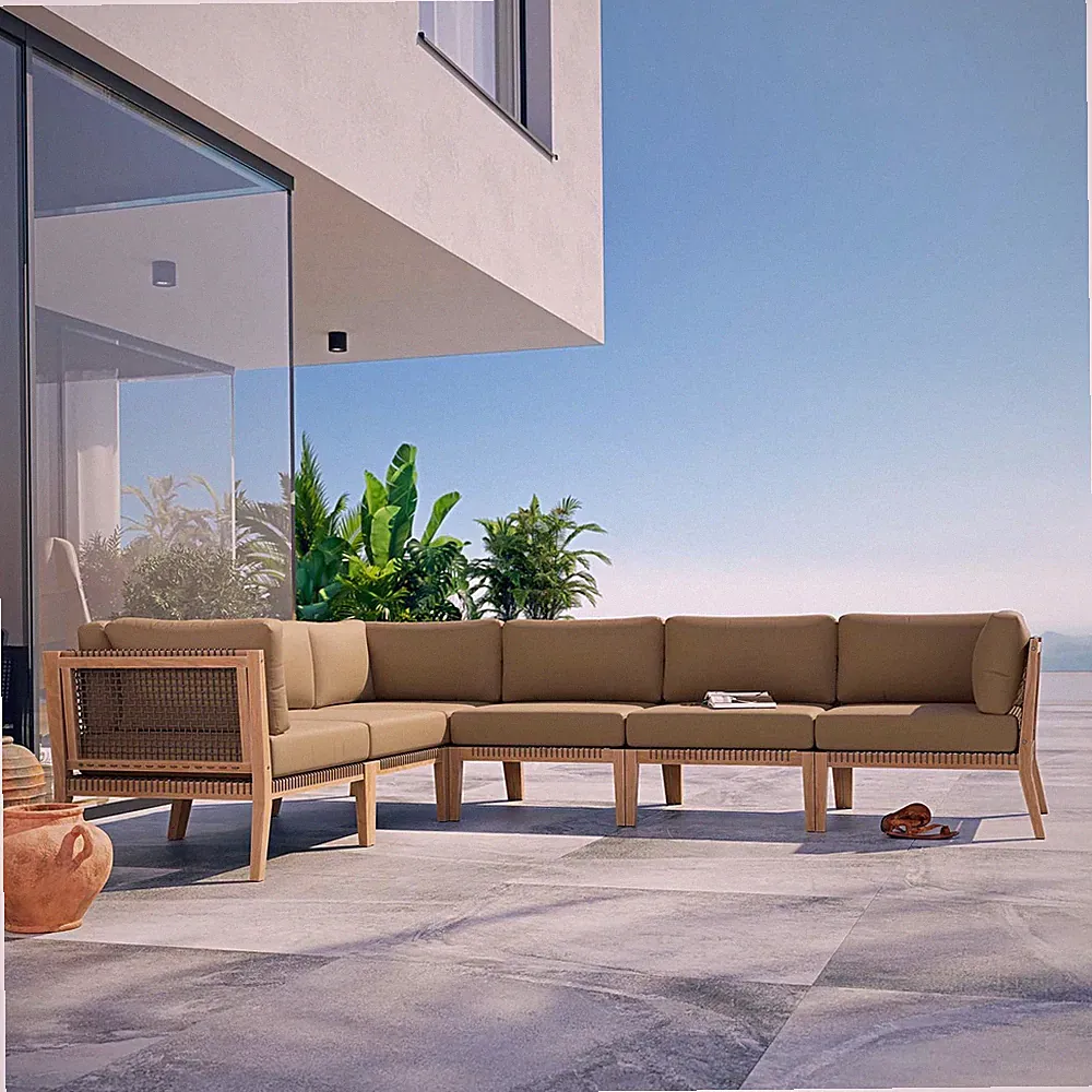 Modway Teak Wood 6-Piece Sectional Sofa