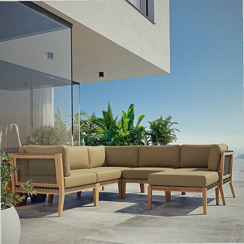 Modway Teak Wood 6-Piece Sectional Sofa