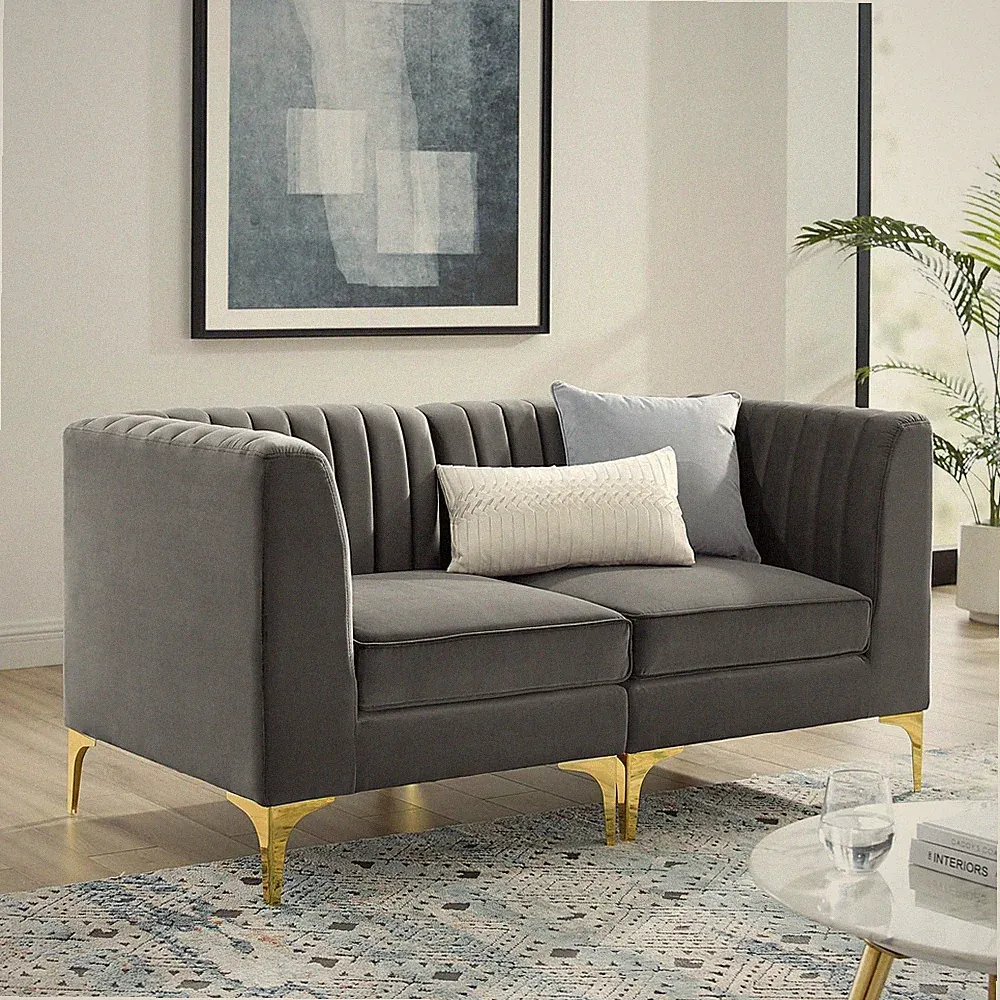 Modway Triumph Channel Tufted Performance Velvet Sectional Sofa Loveseat in Gray