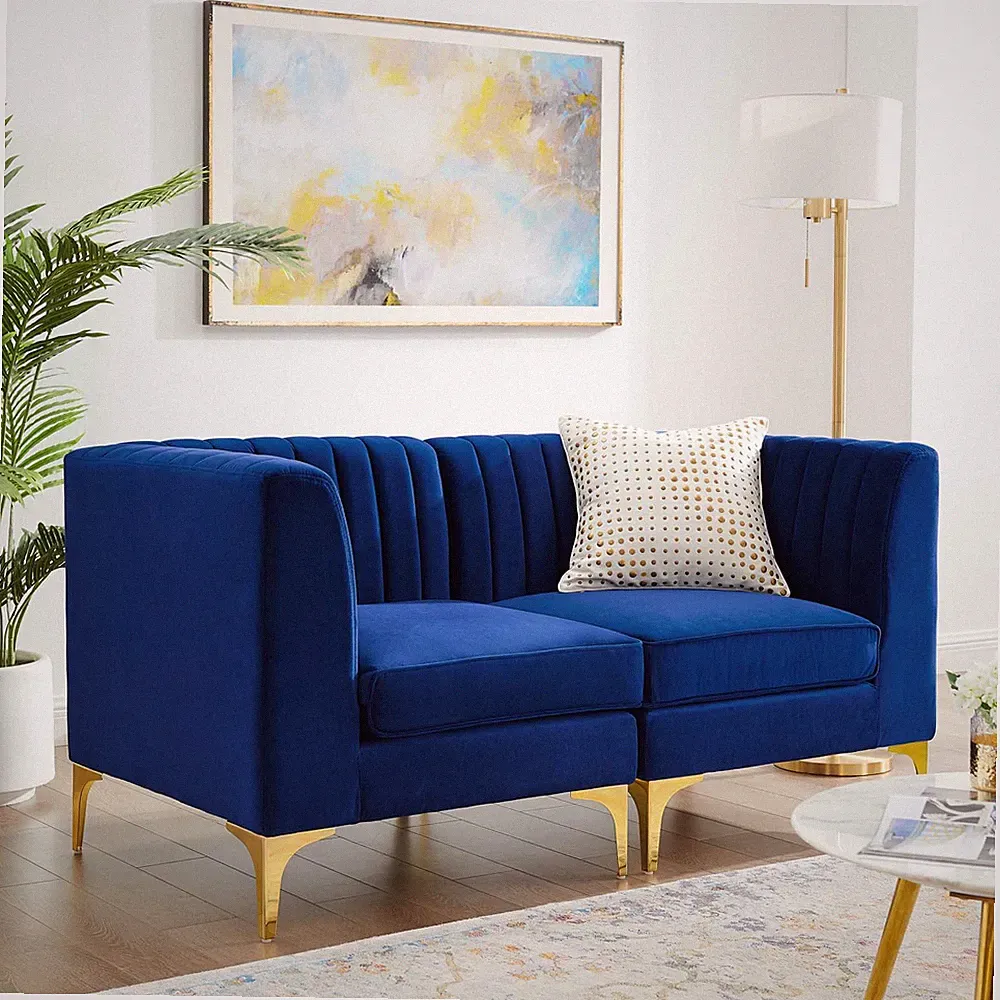 Modway Triumph Channel Tufted Performance Velvet Sectional Sofa Loveseat in Navy