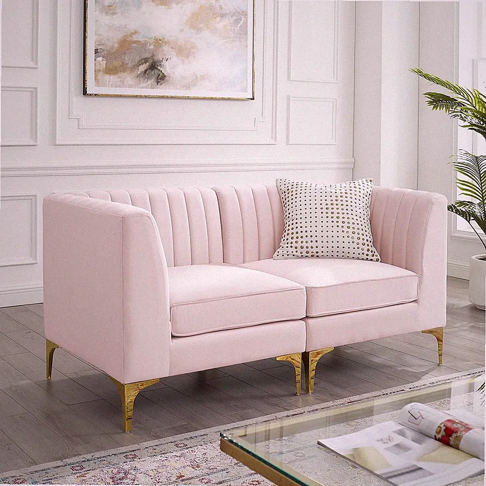 Modway Triumph Channel Tufted Performance Velvet Sectional Sofa Loveseat in Pink