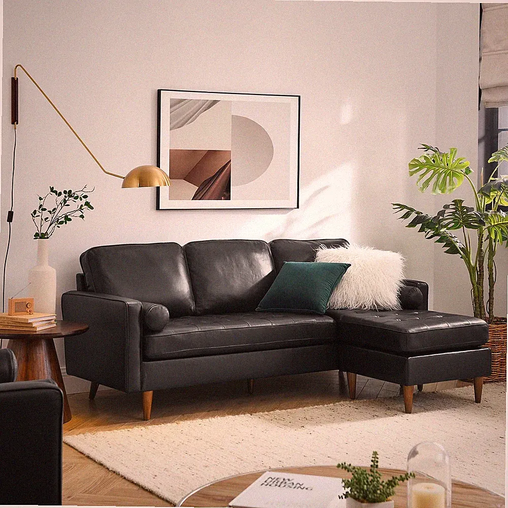 Modway Valour 78" Leather Tufted Apartment Sectional Sofa In Black