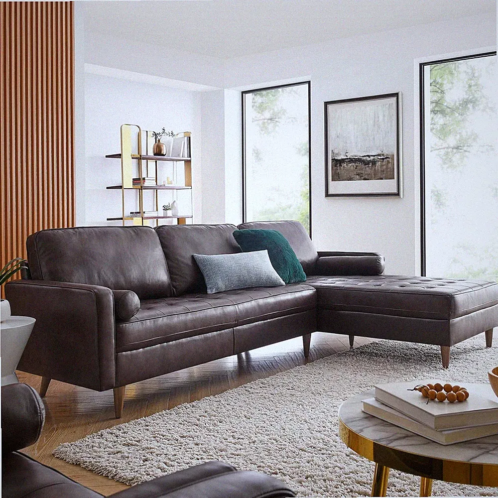 Modway Valour 98" Leather Tufted Sectional Sofa In Brown