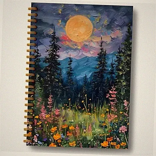 Moon Spiral Journal, Mystical Midnight Full Moon Wildflowers Floral Section 21