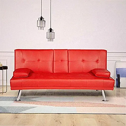 MOOSENG FUTON SETS BLACK CONVERTIBLE SOFA BED WITH ARMREST RECLINER COUCH - RED