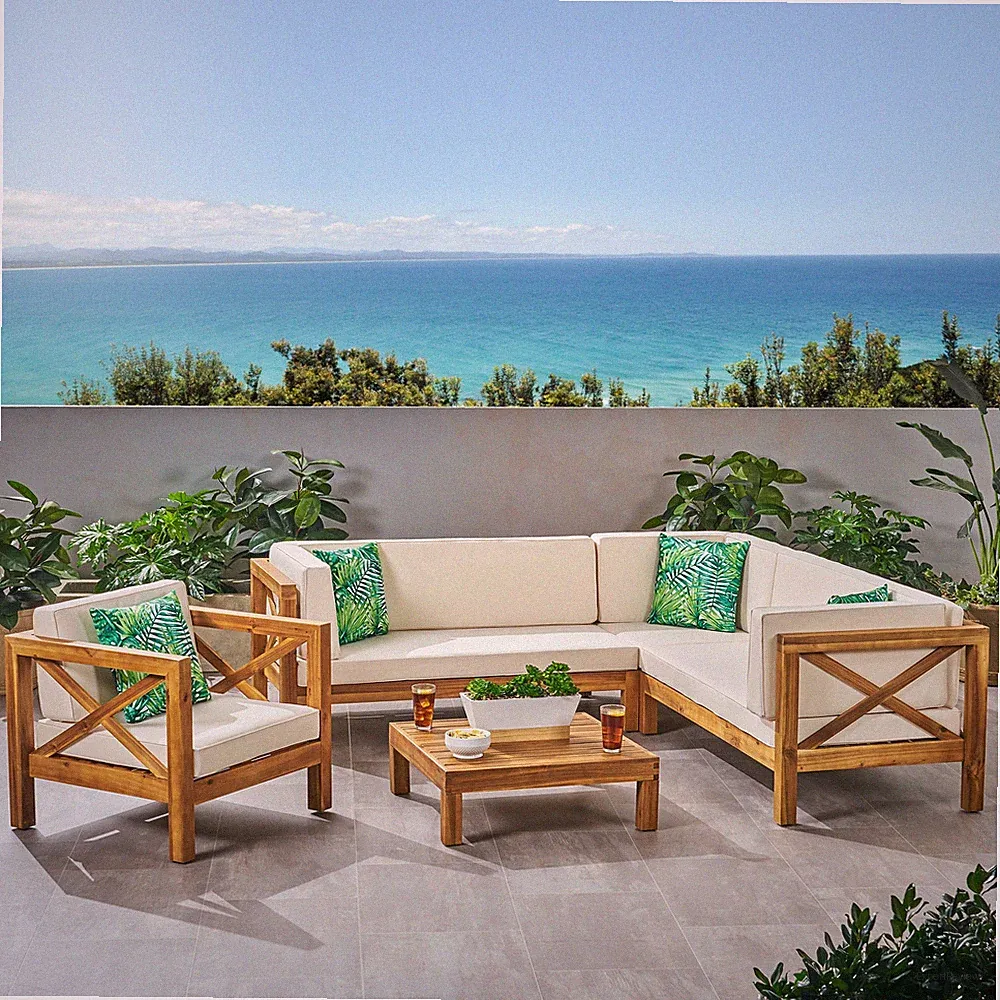 Morgan Outdoor 6 Seater Acacia Wood Sectional Sofa and Club Chair Set