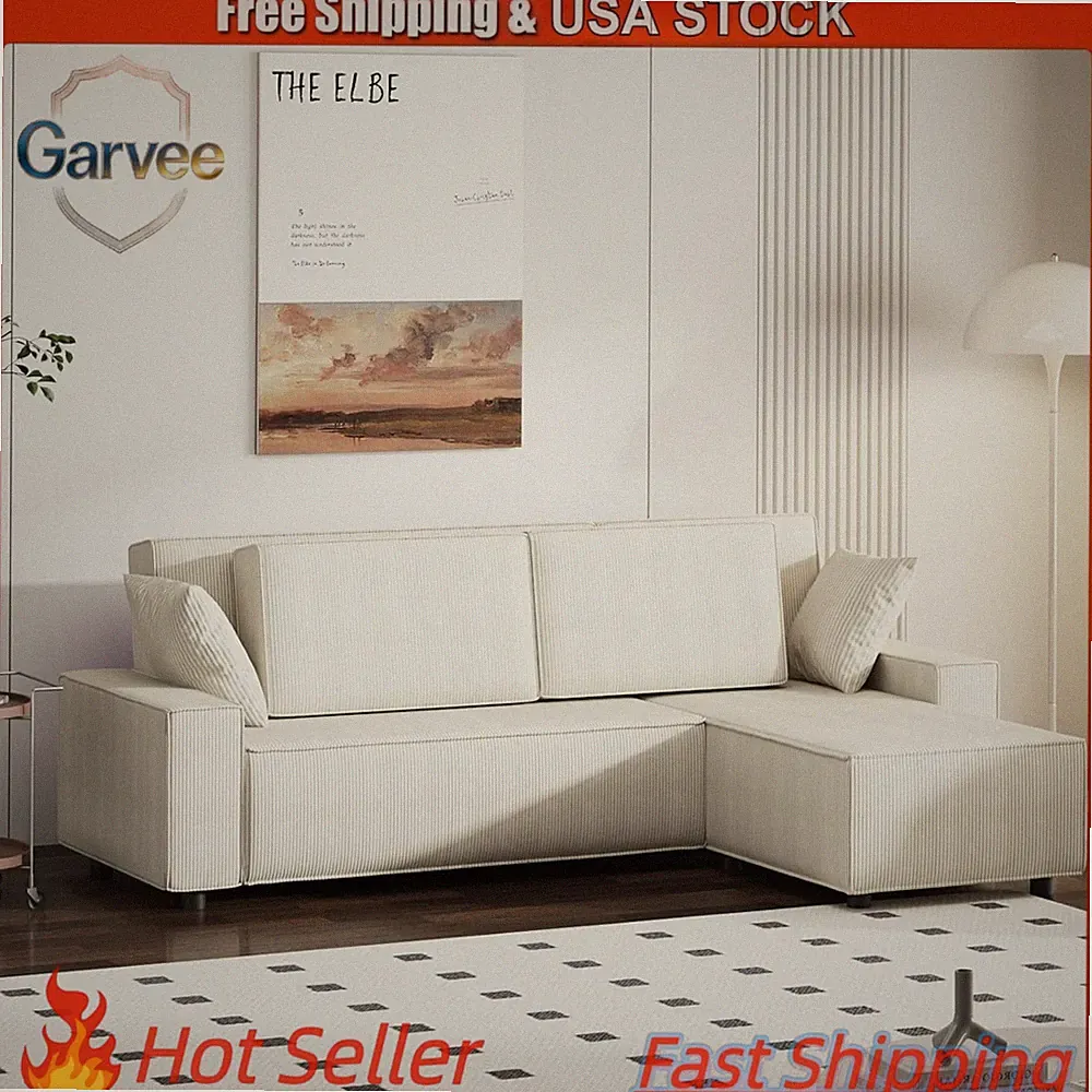 Movable Ottoman 96" L Shaped Stripe Corduroy Cloud Couch Sofa for Apartment