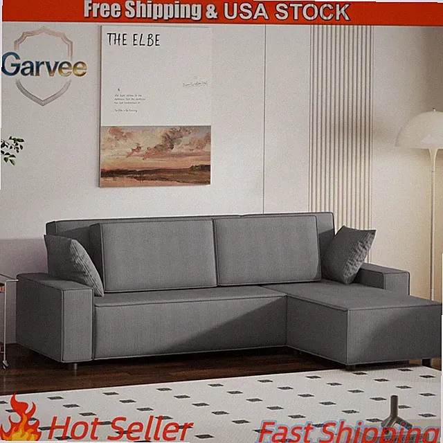 Movable Ottoman 96" Stripe Corduroy L Shaped Cloud Couch Deep Seat Sofa