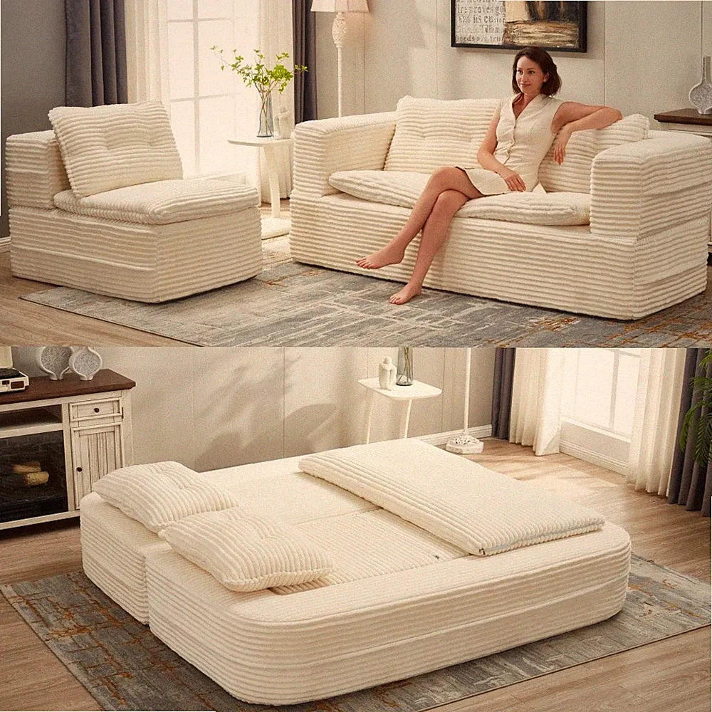 Multi-Functional Sectional Sofa Bed w/ Chaise Lounge, Convertible 80" King Bed