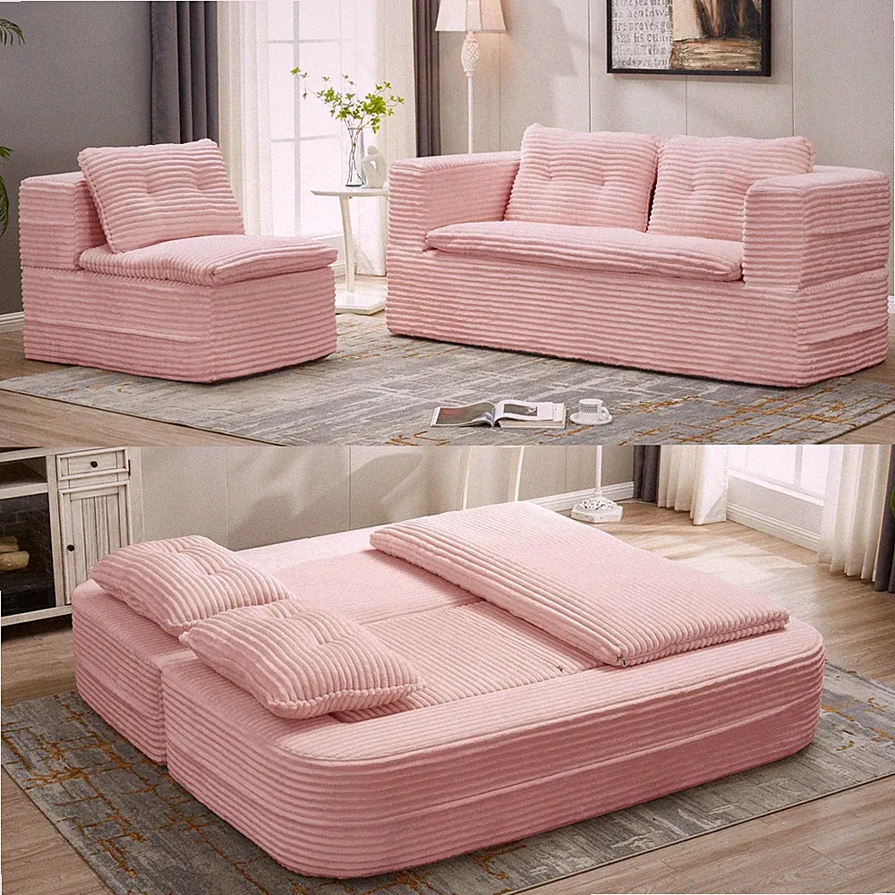 Multi Functional Sectional Sofa Bed w/ Independent Chaise Lounge&Functional Blan