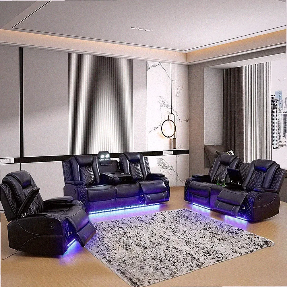 Multifunction Power Air Leather Recliner Sofa Set with LED Lights, Living Room F