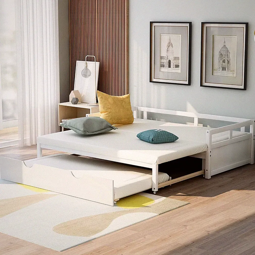 Multifunctional Extending Day Bed with 2 Trundle Twin to King Wood Sofa Bed with