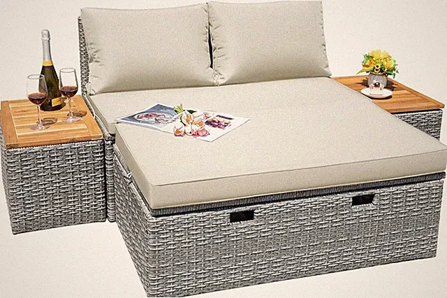 Multifunctional Outdoor Rattan Sofa Set with Cushions & Storage Ottoman