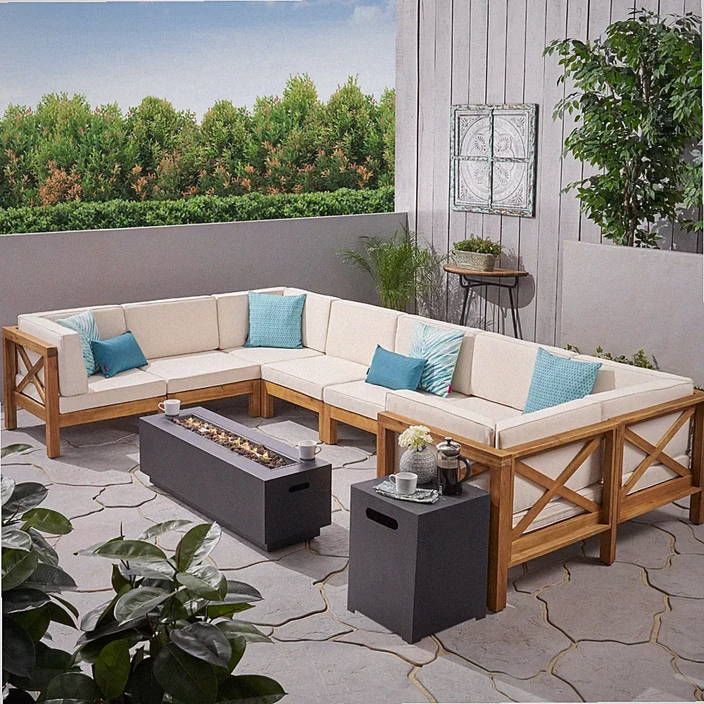 Muriel Outdoor Farmhouse Acacia Wood 8 Seater U-Shaped Sectional Sofa Set with F