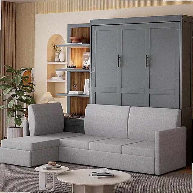 Murphy Bed with Sofa and Bookshelves, Queen Wall Bed for Small Spaces