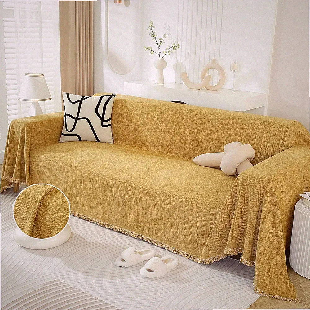 Mustard Yellow Chenille Couch Cover for 3 Cushion Sectional Sofa, Washable