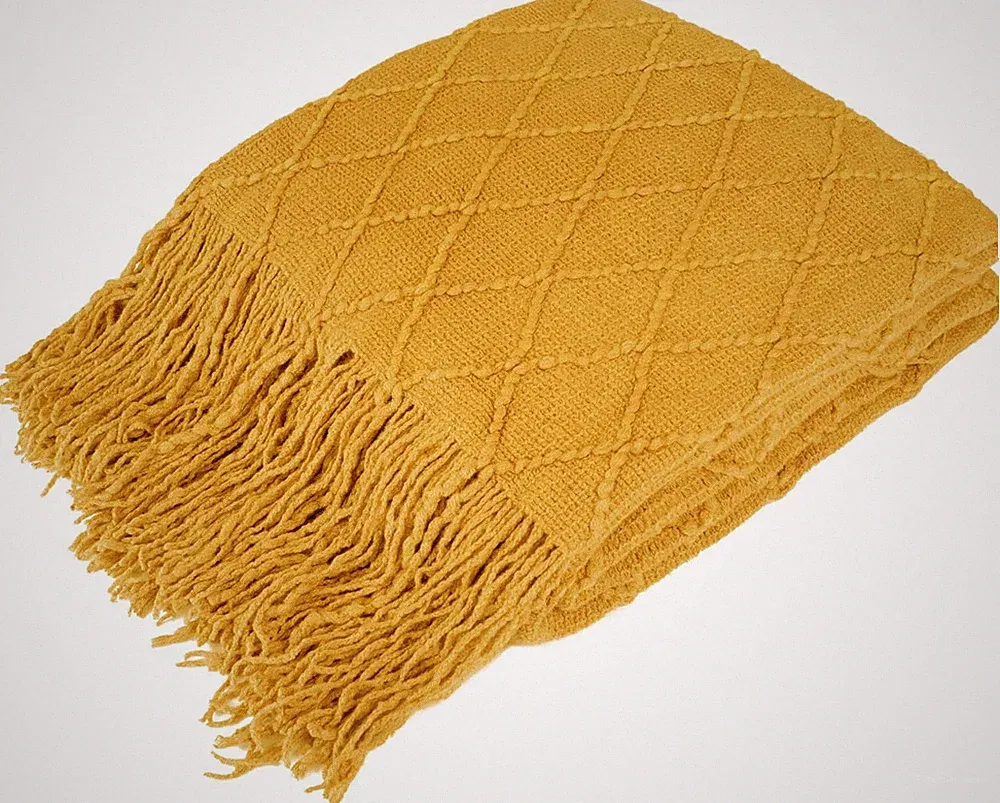 Mustard Yellow Knit Throw Blanket for Couch Bed, Soft Knitted Farmhouse Sofa Th