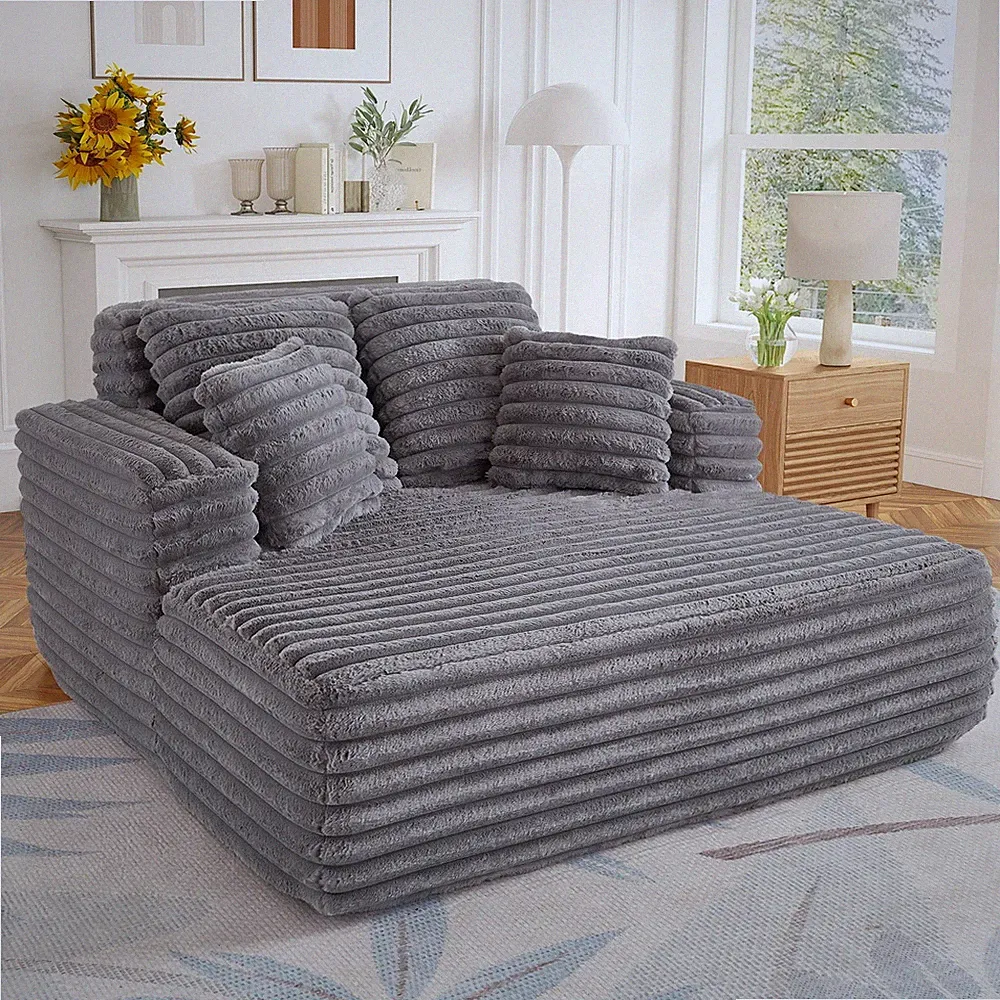 Muumblus Oversized Chaise Lounge Chair Plush Corduroy Upholstered Sofa Bed Gray