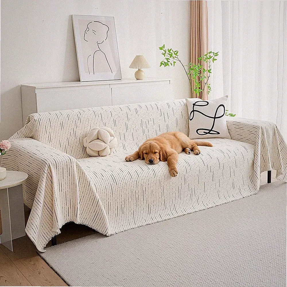 MYSKY HOME Chenille Sectional Couch Cover for Dogs L-Shaped Sofa Beige 71"x118"