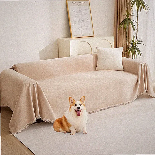 MYSKY HOME Chenille Sectional Couch Cover for Dogs, Washable, 71"x102", Khaki