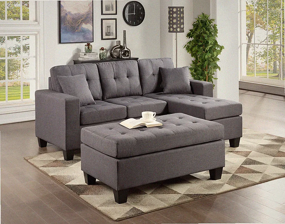 Naomi Collection Tufted Reversible Grey Linen Sectional w/Matching Ottoman
