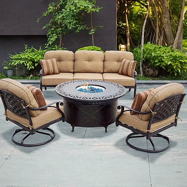 Nassau 4 Pc Cast Aluminum Fire Pit Seating Set 47 Inch Table Swivel Rockers &