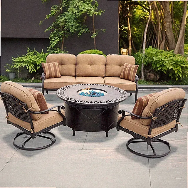 Nassau 4 Pc Cast Aluminum Fire Pit Seating Set 47 Inch Table Swivel Rockers &