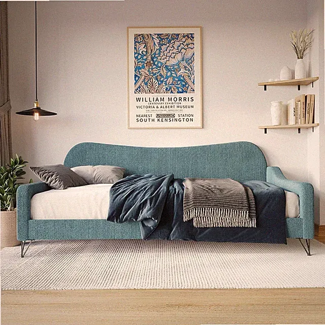 Natty Twin Linen Upholstered Daybed, Teal | Daybed Frame, Linen Upholstery, Slat