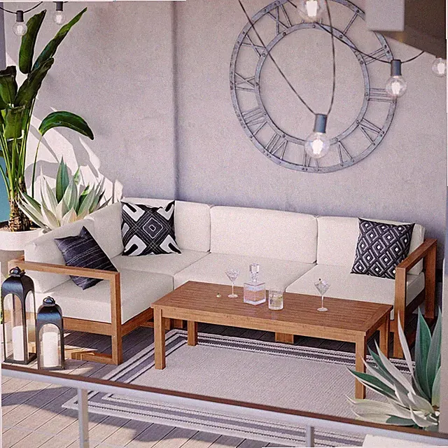 Natural White Teak Wood 5-Piece Sectional Sofa Set for Patios