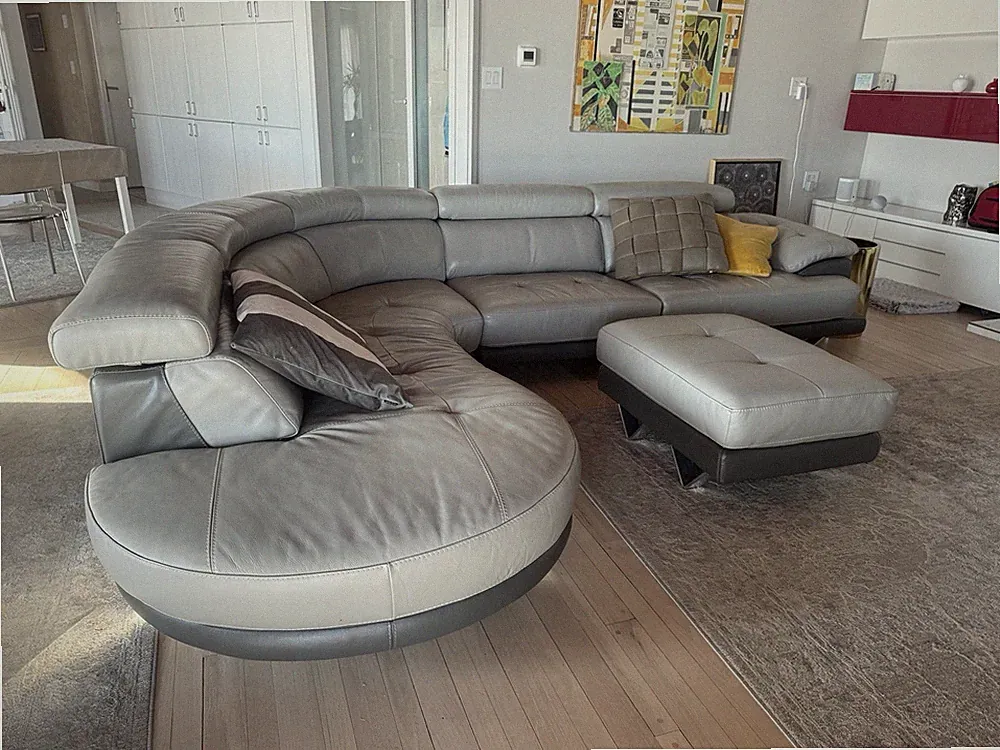Natuzzi Style Italian Leather Curved Sectional Sofa + Ottoman – Modern Gray