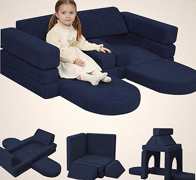 Navy 10-Piece Modular Kids Play Couch with Washable Covers for Fun Playrooms
