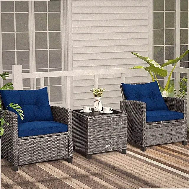 Navy 3-Piece Wicker Sofa Set with Cushions & Glass Table for Outdoor Relaxation