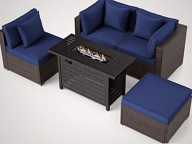 Navy 5-Piece Rattan Patio Sofa Set with 60,000 BTU Firepit Table