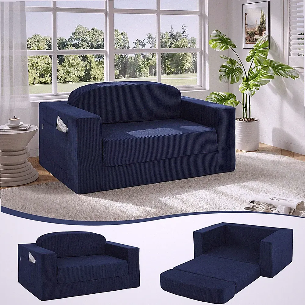 Navy 55 Inch Convertible Loveseat Sofa Bed Striped Corduroy