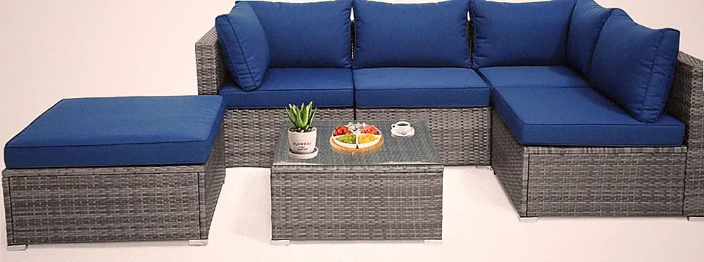 Navy 6-Piece Modular Patio Furniture Set with Cushions & Glass Table