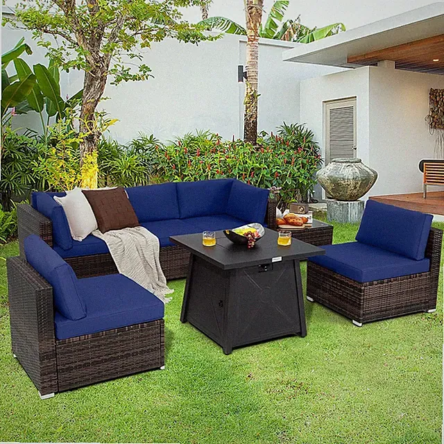 Navy 7-Piece Wicker Sofa Set with Fire Pit Table & Cushions for Outdoors