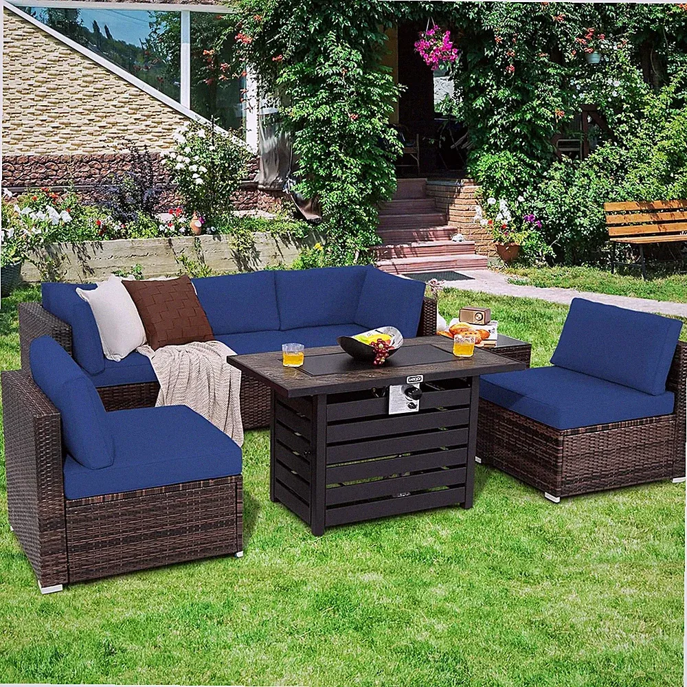 Navy 7-Piece Wicker Sofa Set with Fire Pit Table & Plush Cushions