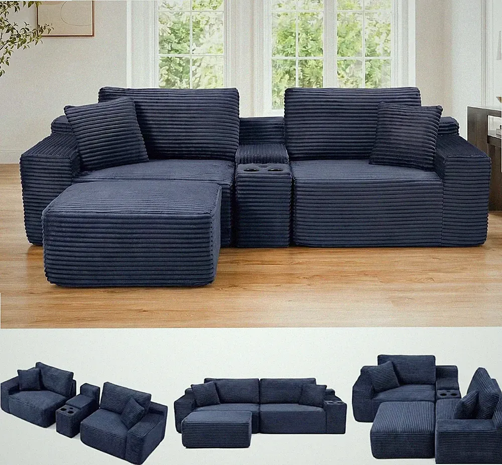 Navy Blue 111" Modular L-Shaped Couch with Cup Holders & USB Ports