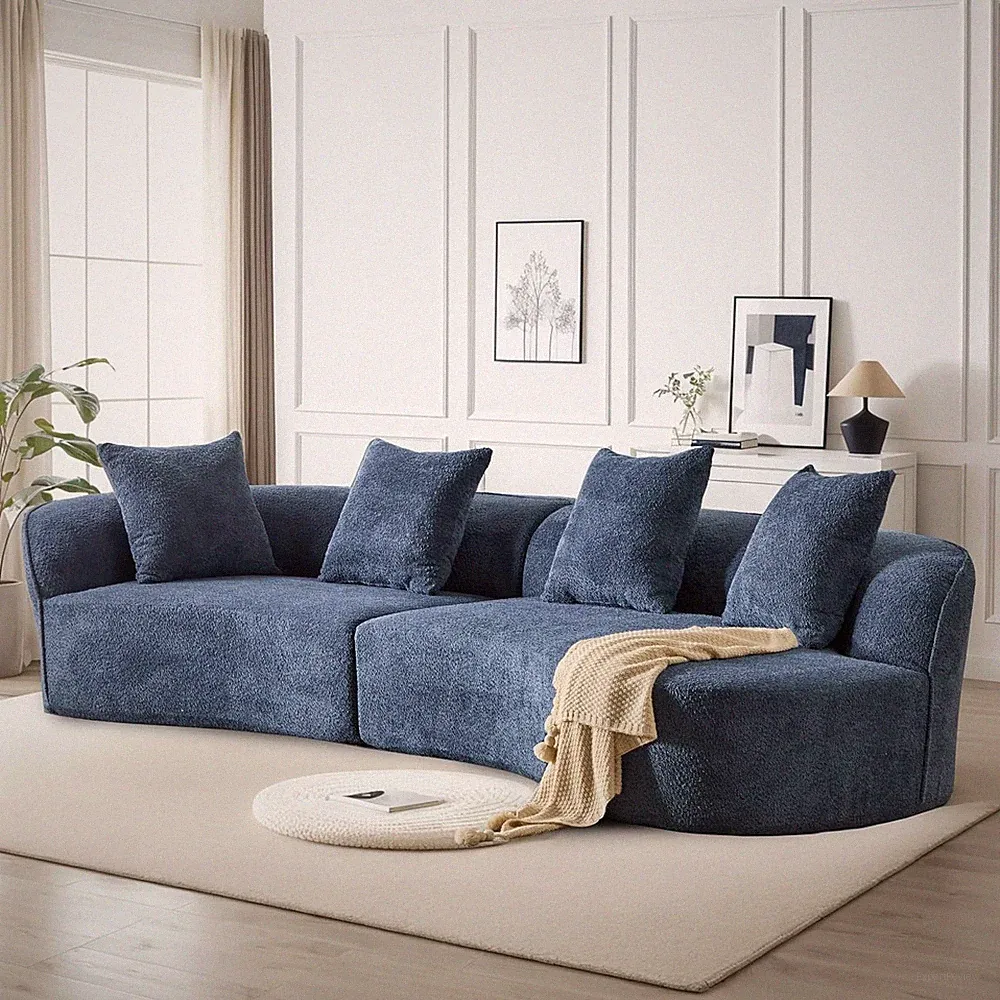 Navy Blue 126" Curved Sectional Sofa - Modern 5-Seater L-Shape Couch
