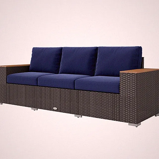 Navy Blue 3-Seat Outdoor Sofa, Wicker Patio Sofa, Wide Deep Seats, 4" Cushions